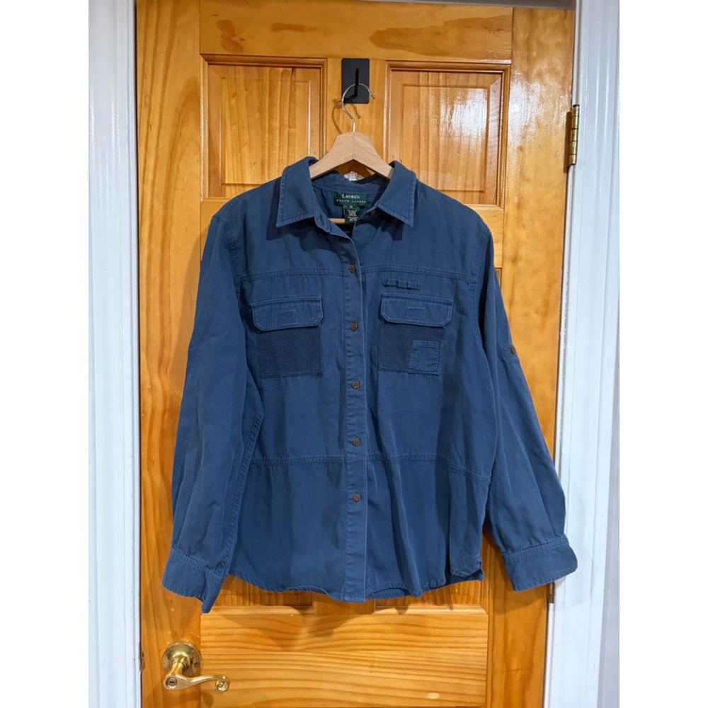 Lauren Ralph Lauren Blue Utility Button Front Shirt Jacket Cargo Pockets Womens